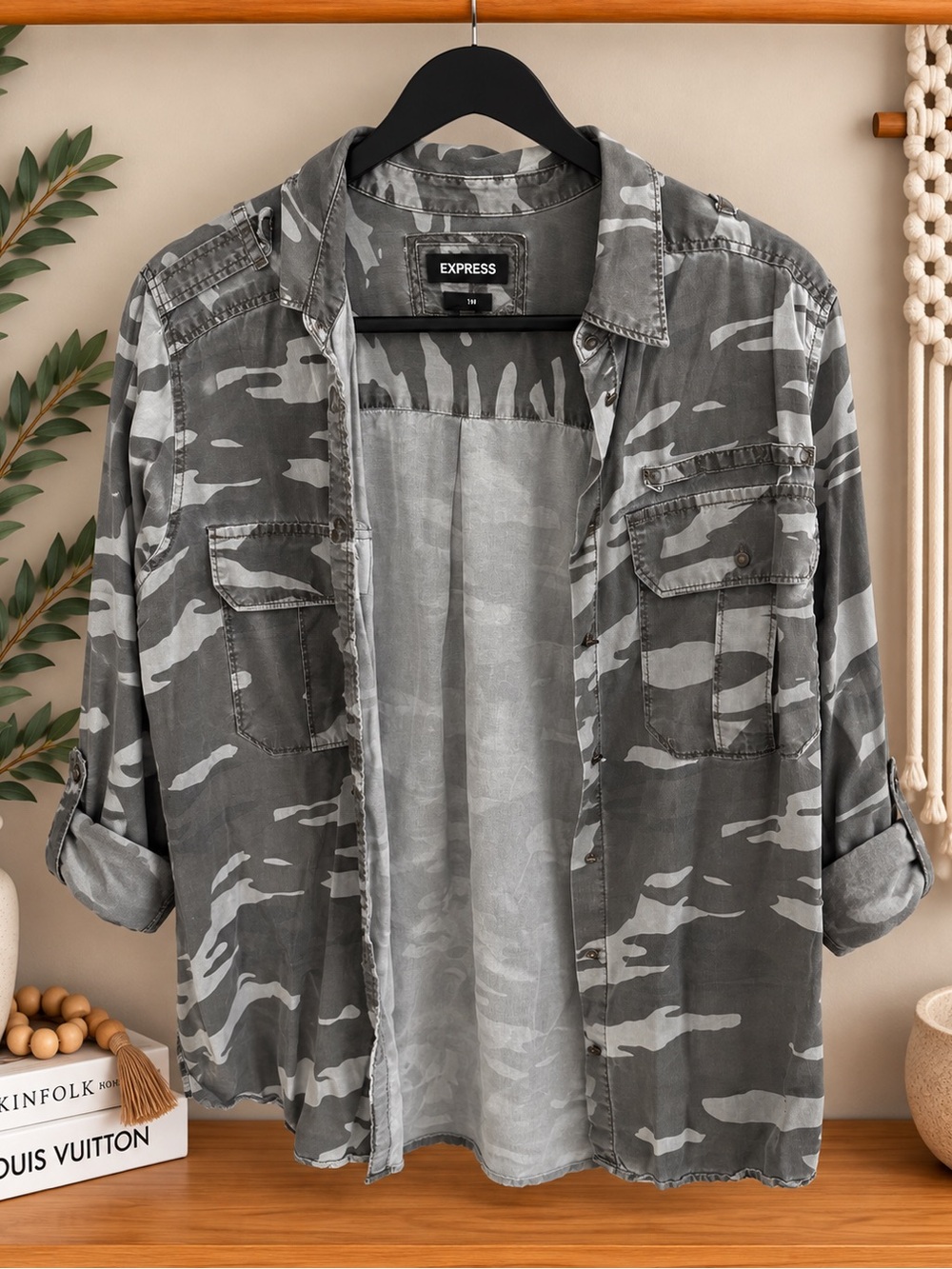 Express Gray Camo Utility Shirt Jacket